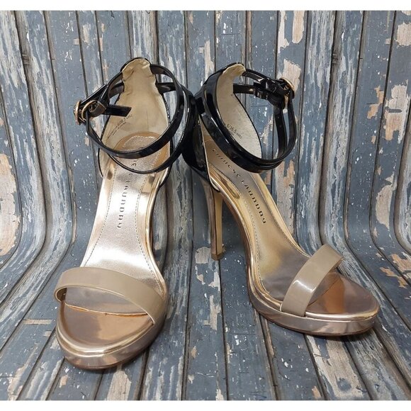 Chinese Laundry Imagination Strappy High Heels US 6M Gold Black & Tan Open Toe - Picture 1 of 12